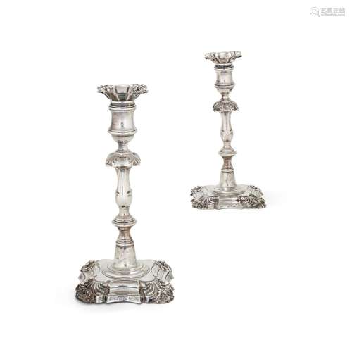 A pair of William IV silver shaped square candlesticks by Creswick & Co.