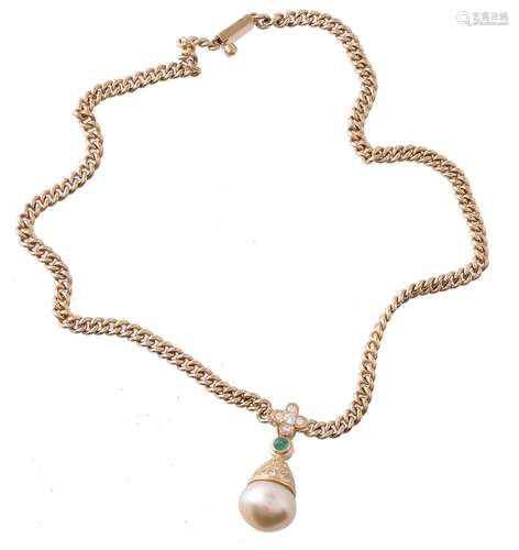 A South Sea cultured pearl, emerald and diamond pendant