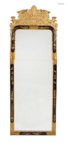 A pair of black lacquered and gilt Chinoiserie wall mirrors, in Queen Anne style, 20th century