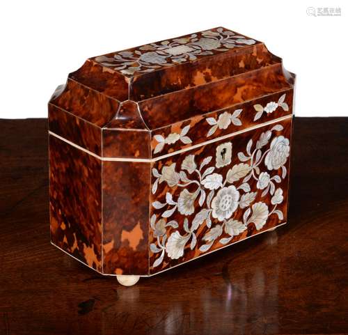 ϒ A George IV tortoiseshell and mother-of-pearl inlaid tea caddy, circa 1825