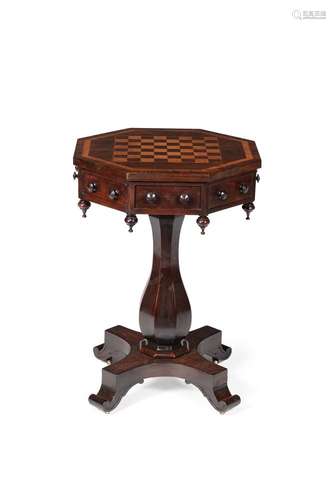 ϒ A William IV rosewood and birds eye maple pedestal games table, circa 1835