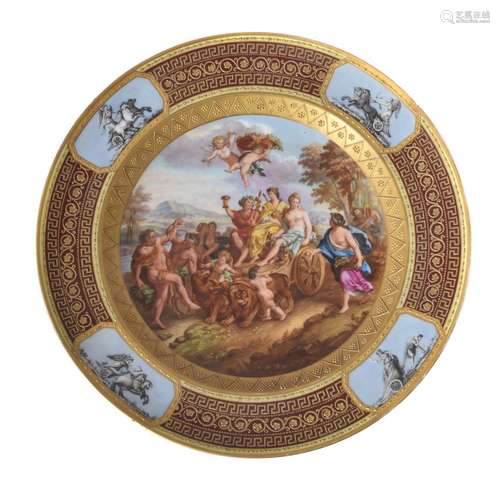 A Vienna style charger painted with the Triumph of Bacchus and Ariadne, late 19th century