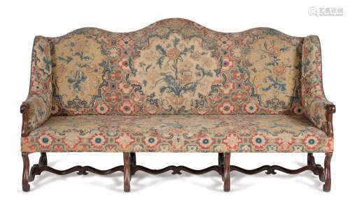 † A French walnut and needlework upholstered settee, 18th century and later elements