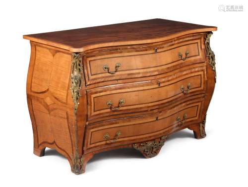 A matched pair of George III sycamore, partridgewood and tulipwood banded serpentine commodes, circa