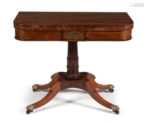ϒ A Regency rosewood and brass marquetry folding card table, circa 1815