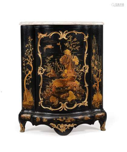 A pair of French black lacquered, gilt Chinoiserie and gilt metal mounted corner cabinets, mid 18th