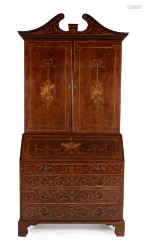A George III mahogany and marquetry inlaid bureau bookcase, circa 1800