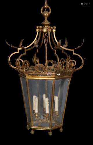 A gilt metal and glazed hexagonal hall lantern, late 19th/early 20th century
