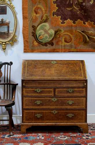 A George I oak, pollard oak and feather banded bureau, circa 1720