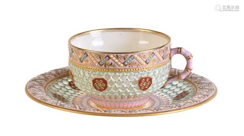 A Royal Worcester reticulated cup and saucer of George Owen type, last quarter 19th century