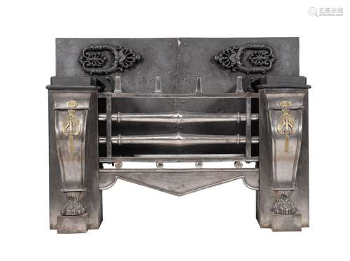 A Regency brass mounted, polished steel and cast iron fire grate, in the manner of George Bullock, c