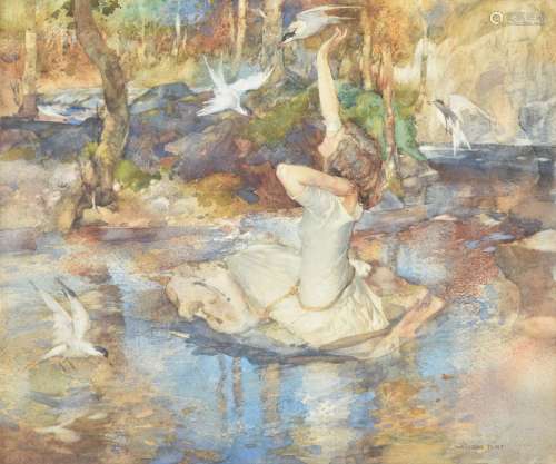 Sir William Russell Flint (Scottish 1880–1969) , Young girl in a white dress, seated on a rock at th