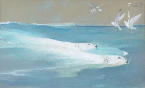 Arthur Wardle (British 1864-1949), Two polar bears swimming with seagulls above