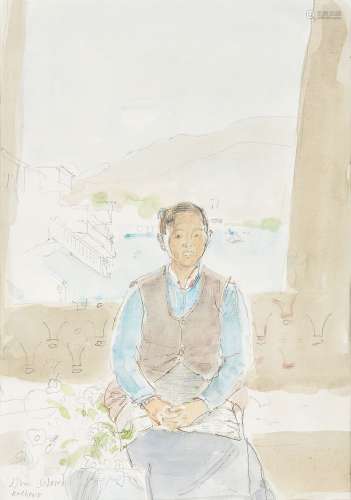 John Ward (British 1917-2007), Seated girl with Kashmir landscape beyond