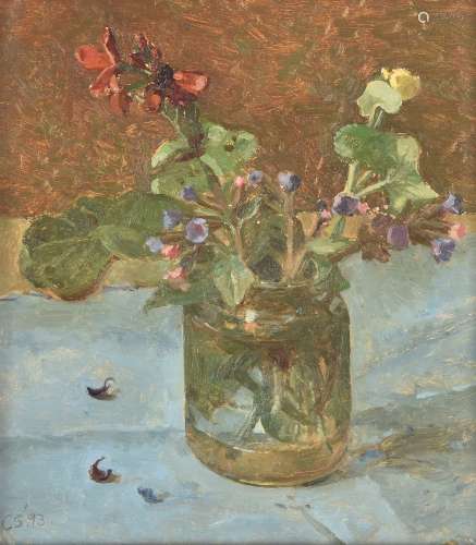 Carolyn Sergeant (British b. 1937), Red and purple flowers in a jar