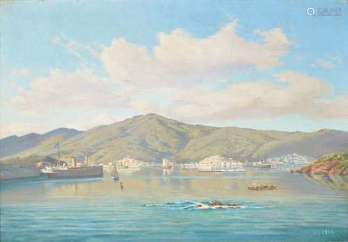 Charlotte Amalie Sanm (Danish 1846-1923), Sankt Thomas, Dansk Vestininden, view of the harbour wit