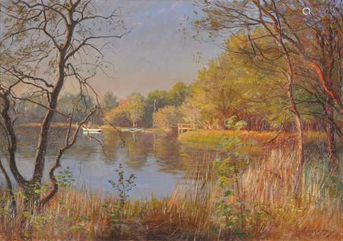 Olaf Viggo Peter Langer (German 1860-1942), Boats on a lake
