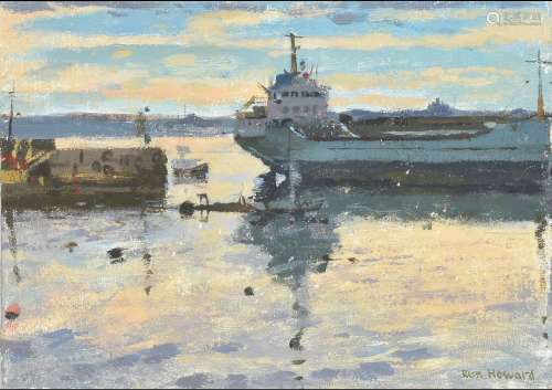 Ken Howard (British b. 1932), Estuary scene with tanker
