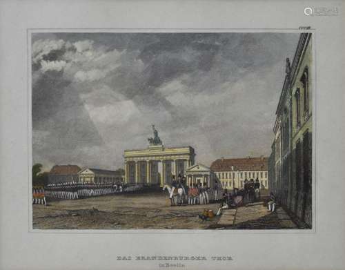 4 Stahlstich-Ansichten, Mitte 19. Jh.: Das Brandenburger Tor in Berlin, Residenz Würzburg,