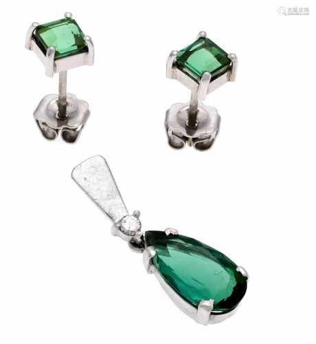 Tourmaline brilliant set WG 585/000 with a teardrop-shaped and 2 carré-shaped fac.