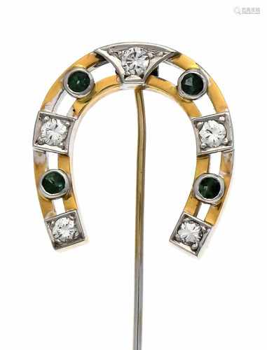 Tourmaline-Brilliant pin horseshoe GG / WG 750/000 with 4 round fac., Green tourmalines