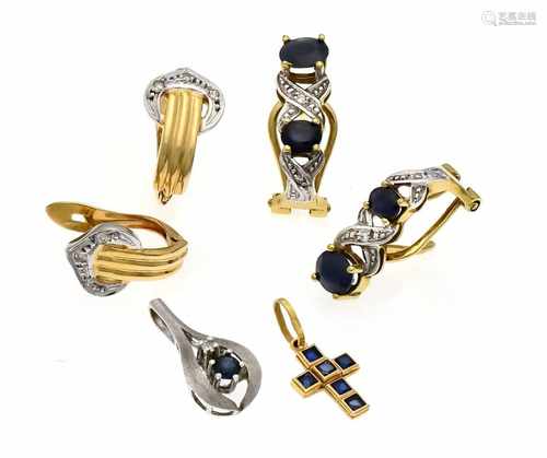 Mixed lot of GG 750/000 6.5 g and WG 585/000 1.2 g, with various faceted sapphires in good