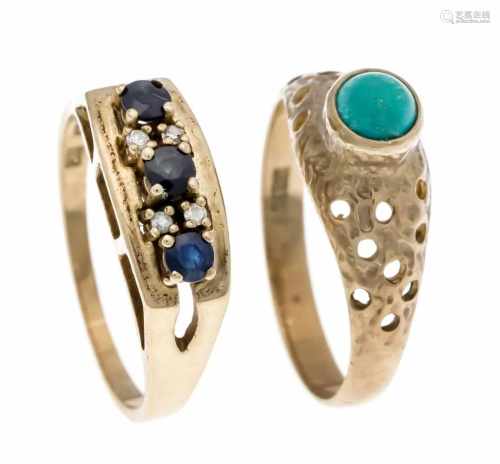 Mixed lot of 2 rings GG 333/000 with a round turquoise cabochon 5 mm, 3 round fac.