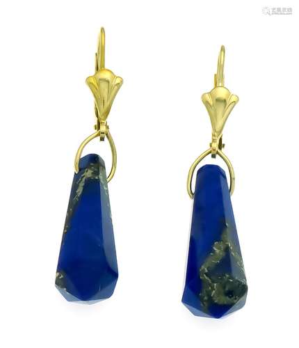 Lapis lazuli earrings GG 585/000, each with a fac. Lapis lazuli pampel 26 x 8 mm, L. 44.5