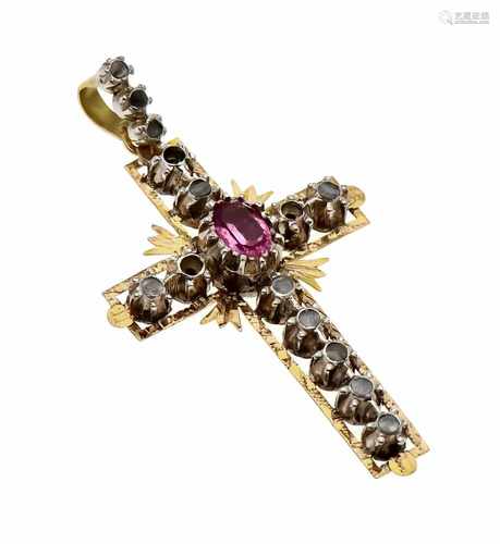 Cross pendant GG / WG 750/000 with an oval fac., Pink gemstone 7 x 5 mm and 14 diamond