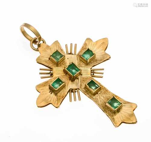 Emerald cross pendant GG 750/000 with 6 rectangular faced emeralds 2.6 - 2.2 mm in good