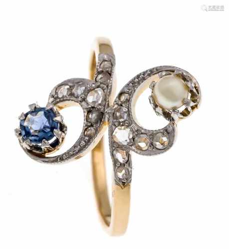 Sapphire oriental pearl ring GG / WG 750/000 with a round faceted sapphire 3.2 g, a white