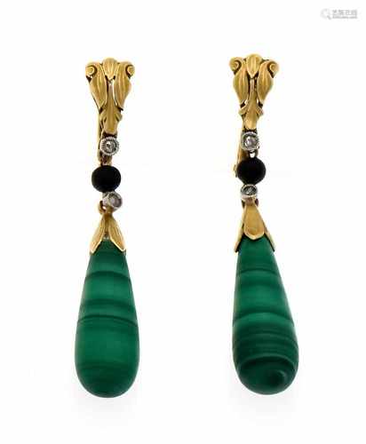 Malachite onyx earrings GG 750/000, each with a malachite pampel L. 23 mm, onyx ball 2.8