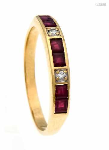 Ruby-Brillant-Ring GG 750/000 with 6 carre-shaped fac. Rubies 2.5 mm in good color and 2