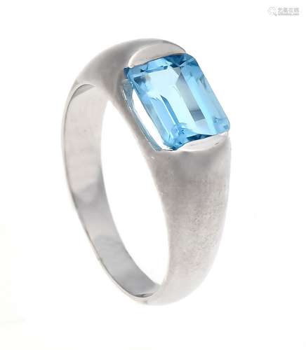 Blue topaz ring WG 750/000 with an emerald cut fac. Blue topaz 8 x 6 mm, ring size 54, 5.3