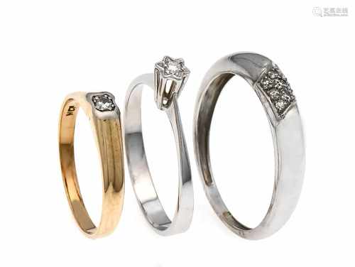 Mixed lot of 3 diamond rings WG / GG 585/000 with 2 brilliants and 9 diamonds, total 0.13