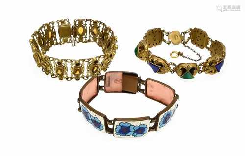 3 fashion jewelry bracelets 1930, gold-plated metal, lapis lazuli slices and jade