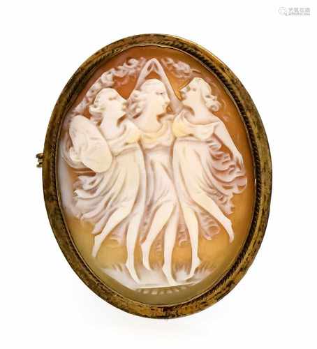 Gem brooch / pendant gold-plated, oval, finely carved shell gem, three graces, 34 x 21 mm,