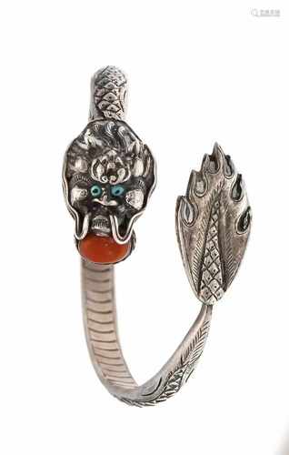 Dragon bangle silver, with oval coral cabochon 10 x 8 mm and turquoise cabochon, open