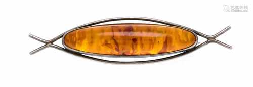 Fischland amber brooch silver 835/000 with an oval amber 36 x 8.5 mm, L. 55.5 mm, 4.7 g