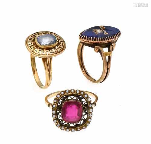 Mixed lot of 3 rings GG 585/000 oval fac. Sapphire 8 x 5.5 mm, antique cut fac. Red gem