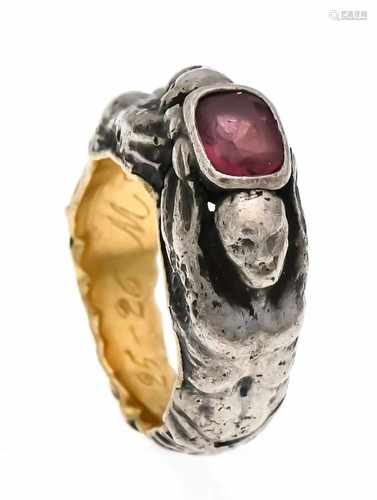 Antique ruby ring gold and silver with an oval faced ruby 6.6 x 5.2 mm in good color, ring