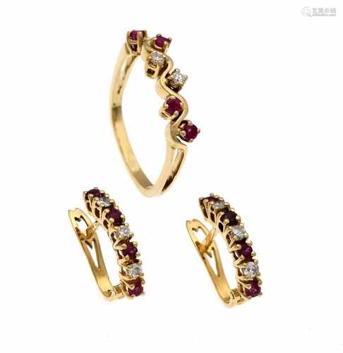 Ruby-Brillant-Set GG 585/000 with 12 round fac. Rubies 2 mm in good color and 8