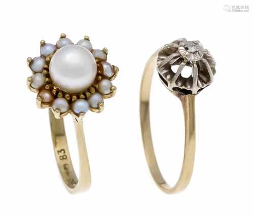 2 rings GG / WG 585/000 with white Akoya pearl 6.5 mm and oriental pearls, RG 57,