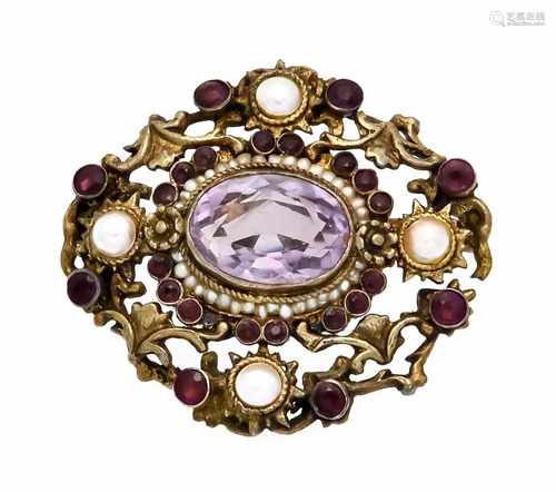 Antique brooch silver gold-plated, with an oval fac. Amethyst 14.5 x 10.5 mm, 4 half