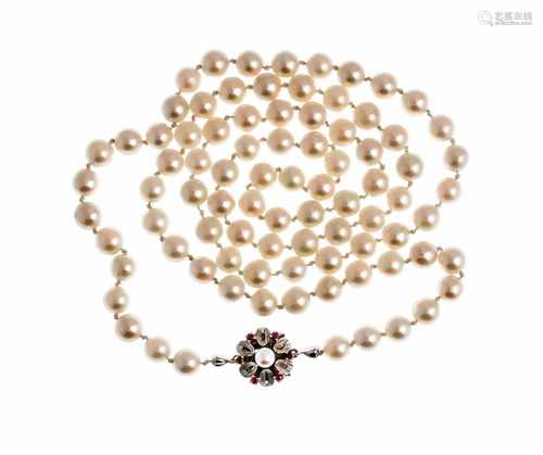 Akoya necklace with buckle WG 585/000 set with an Akoya pearl 5 mm and 6 round fac. Rubies