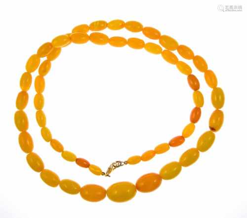 Amber necklace with gold-plated lobster clasp, honey-colored amber olives 23 x 16 to 11 x