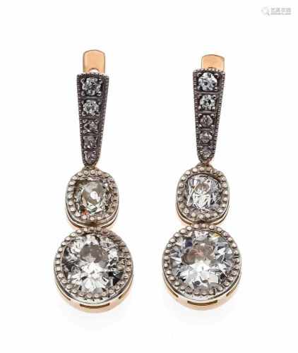 Old cut diamond earrings RG / WG 585/000 (Russia 56 hallmarked) with 4 old cut diamonds,