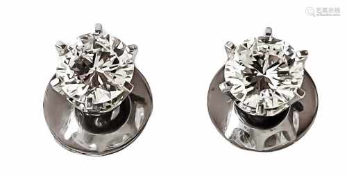 Brilliant ear studs WG 585/000 with two diamonds, 1.13 ct and 1.11 ct, totaling 2.24 ct
