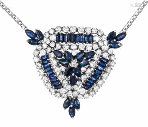 Sapphire-brilliant necklace / brooch WG 750/000 with 45 sapphire navettes or baguettes,