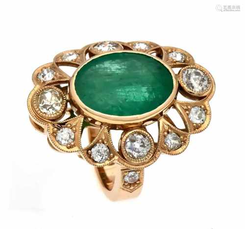 Emerald old cut diamond ring RG 750/000 (Russia 72 hallmarked) with an oval faced emerald